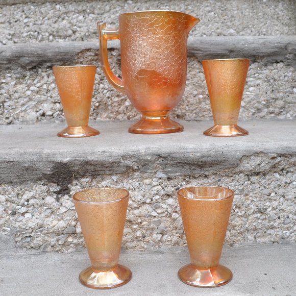 Jeannette Co vintage marigold depression crackle glass cups & pitcher set (362w)